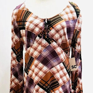 NWT SO GOODS FOR LIFE Junior Long Sleeve Pullover Plaid Brown V-Neck Dress Large